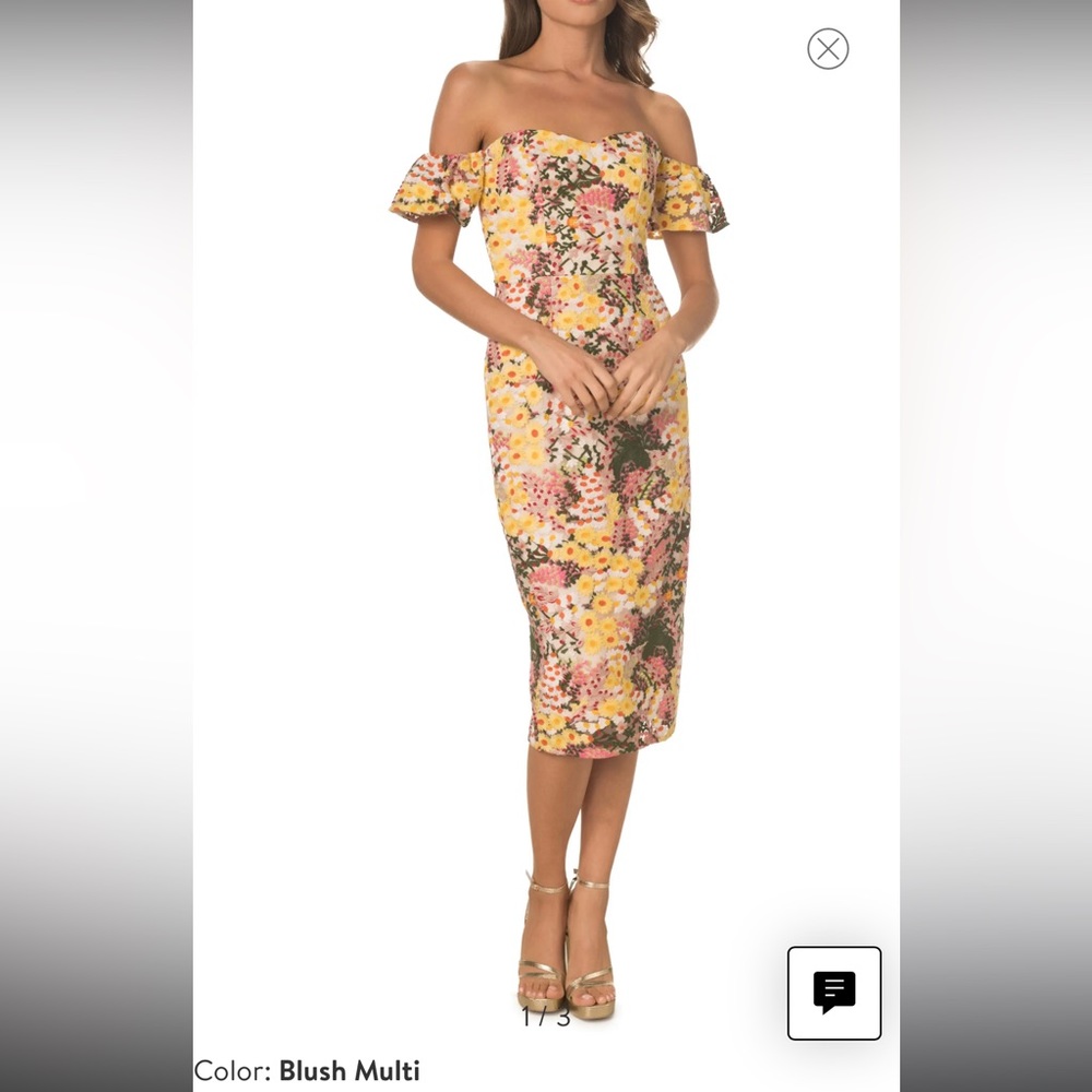 Wedding Guest Dress. Off the Shoulder Midi Dress
DRESS THE POPULATION. Size XS
